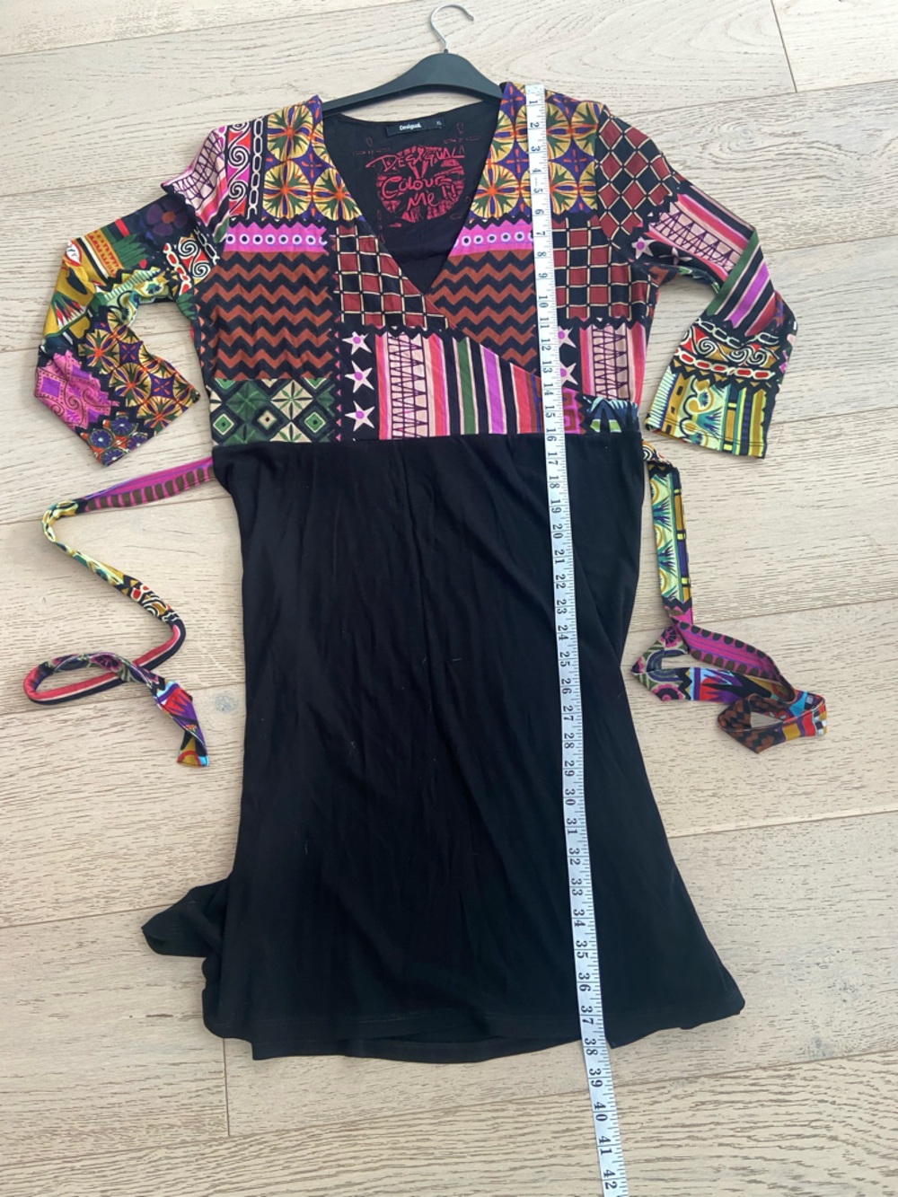 DESIGUAL Faux Wrap Dress XL Black Multicolor Abstract Print Stretch EUC - Picture 9 of 10